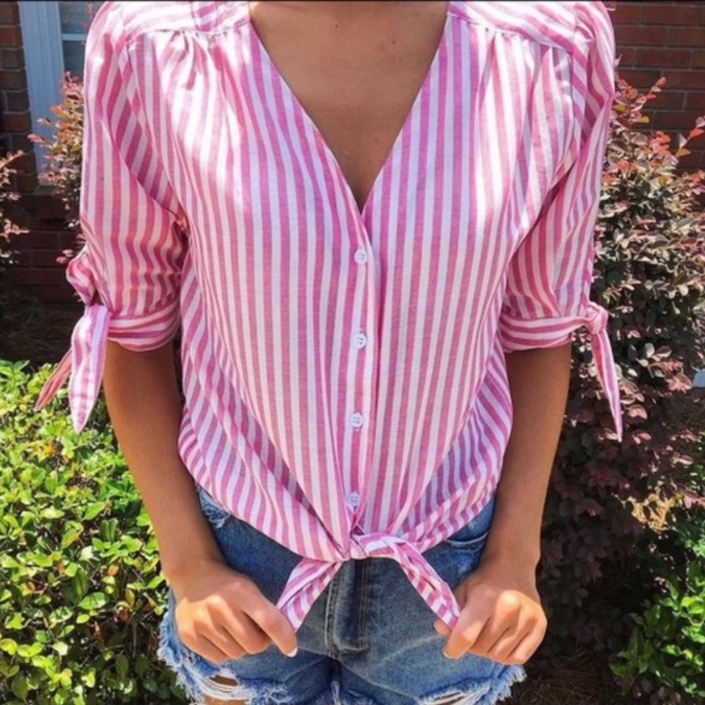 Ellison Striped Pink Button Down Tie Blouse Sz S